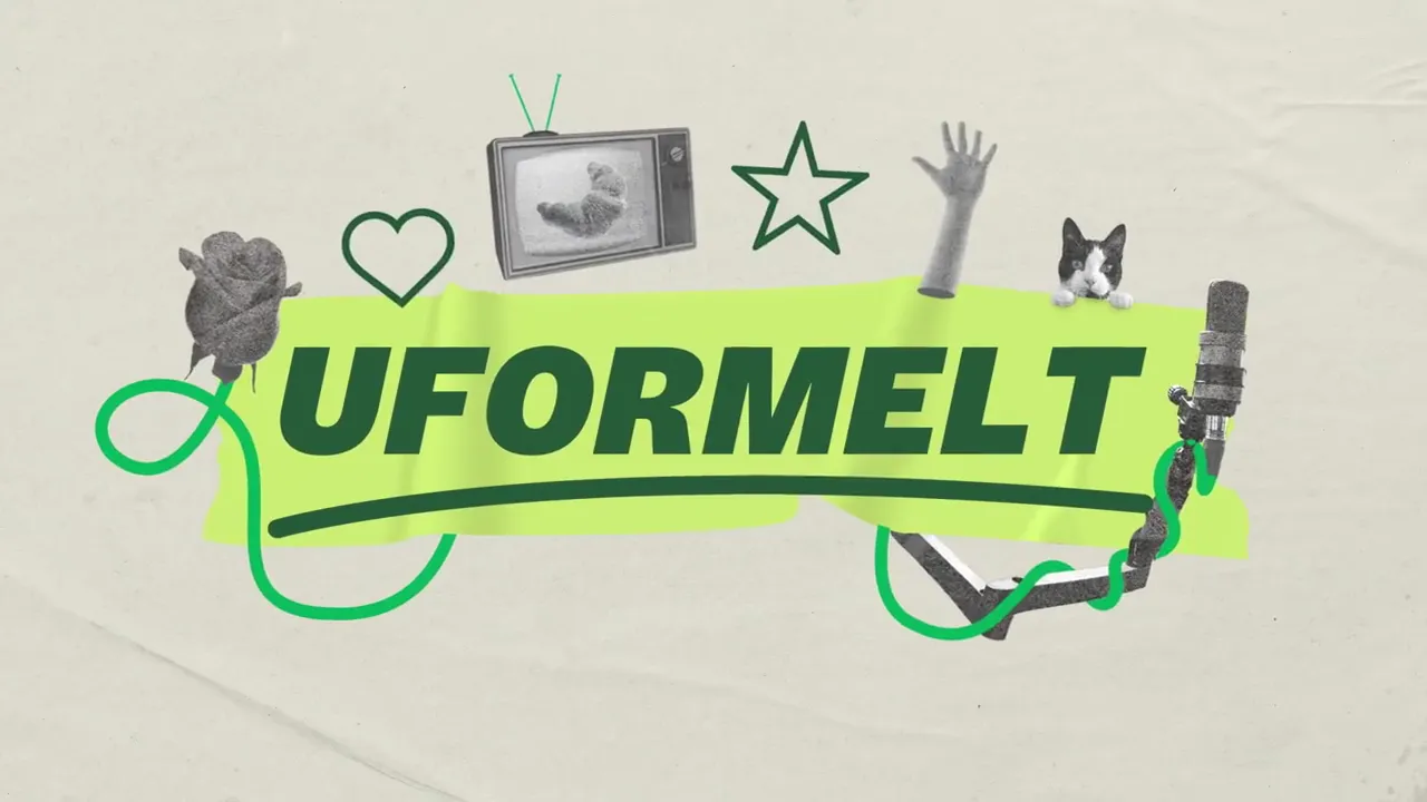 Uformelt-logoet — grøn tape-flade med collage af rose, hjerte, TV, stjerne, hånd, kat og mikrofon på papirtekstur